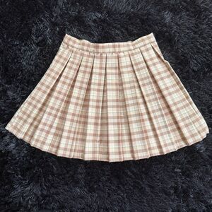 Cottagecore Pleated Plaid Skater Skirt in Beige and Light Brown